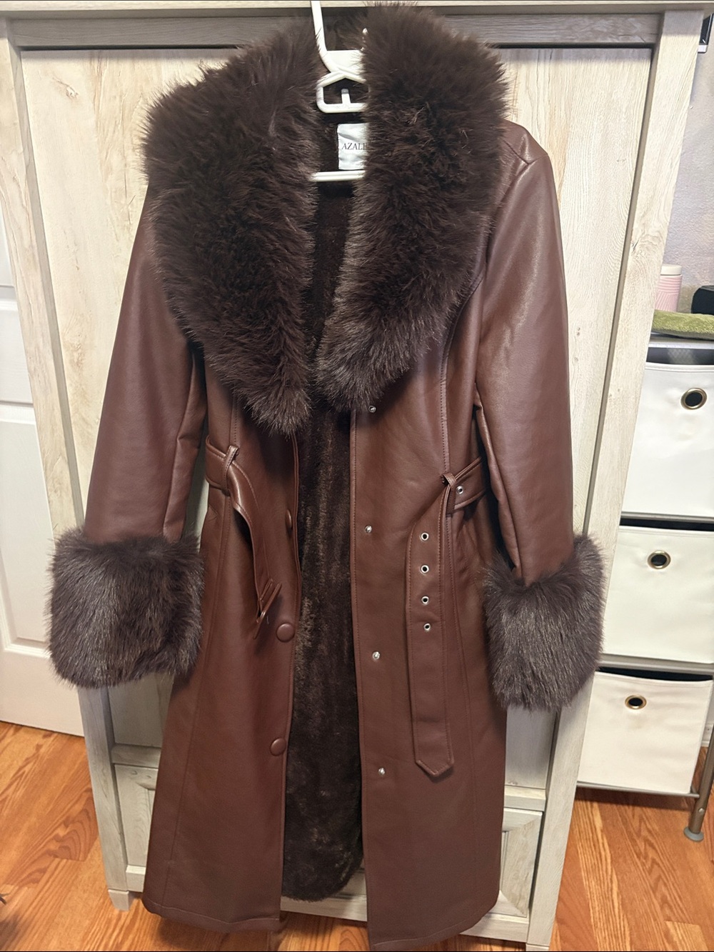 Azalea Wang Faux Leather Faux Fur Shawl Collar Belted Snap Front Trench Coat